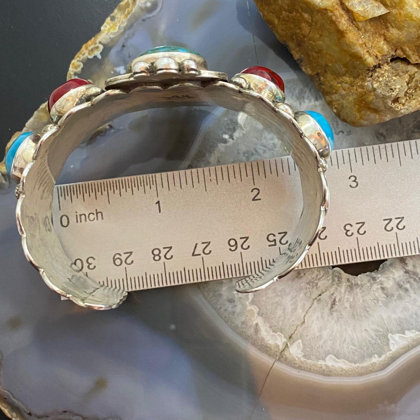 Signed Native American Sterling Silver Turquoise &Apple Coral Decorated Bracelet