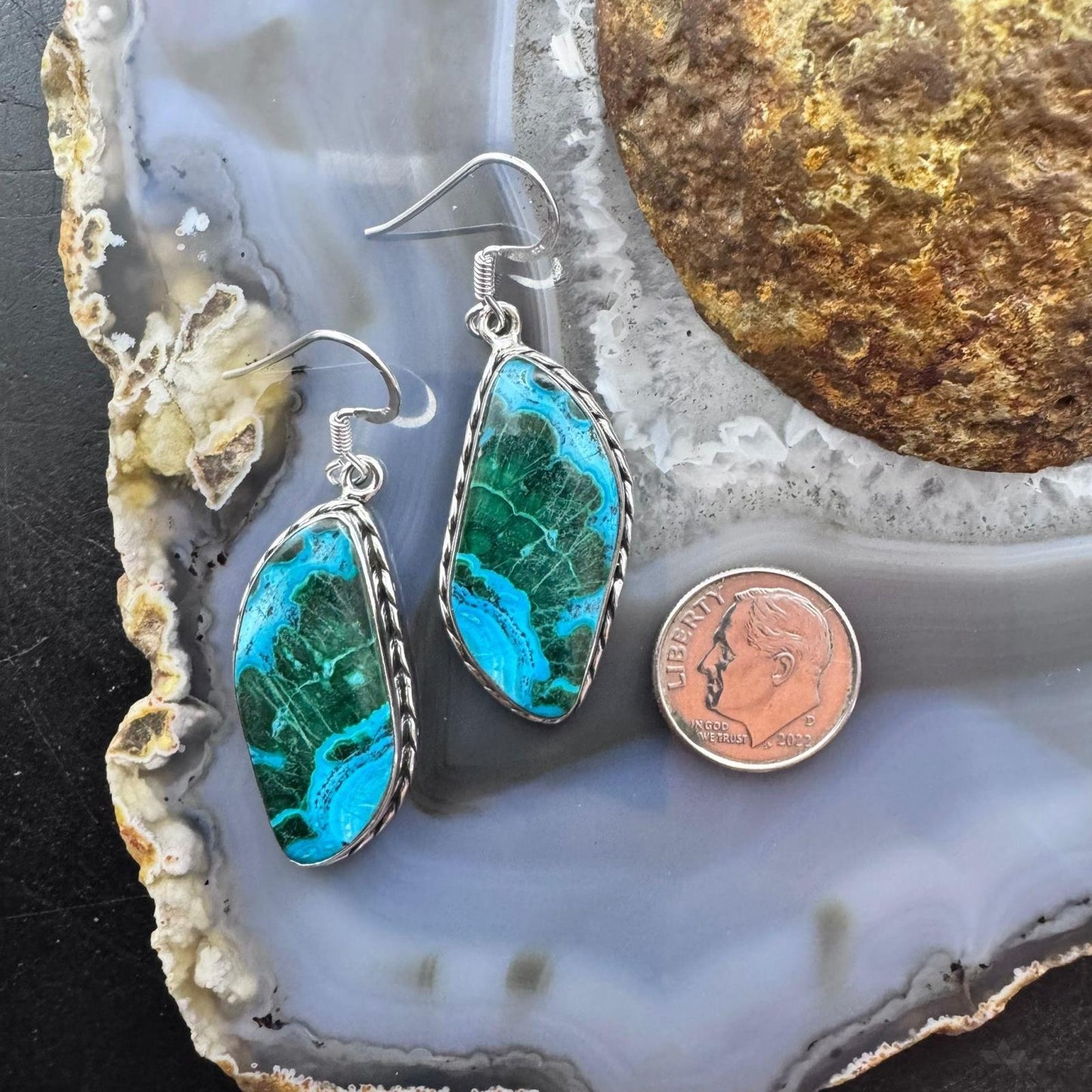 Sterling Silver Southwestern Style Tilde Malachite Azurite Dangle Earrings For Women