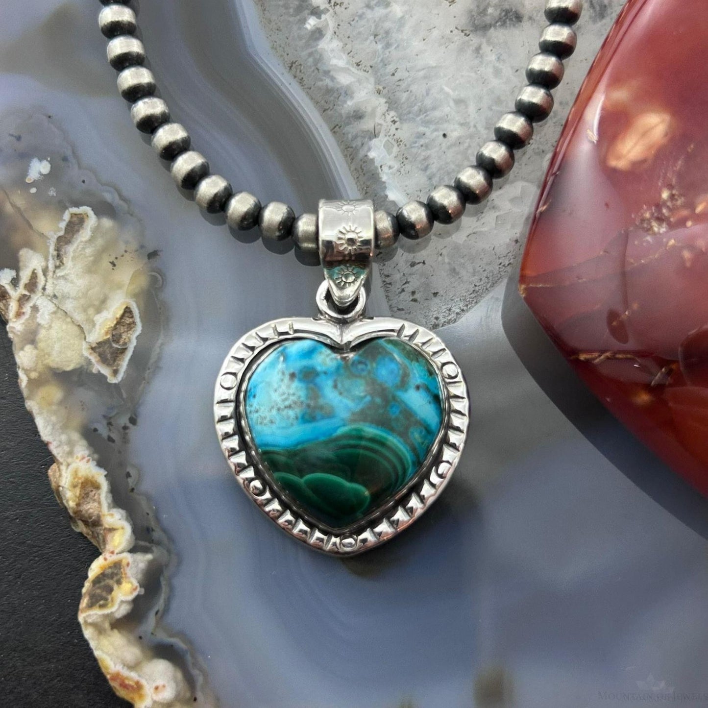 Sterling Silver Southwestern Style Azurite Malachite Decorated Heart Pendant For Women