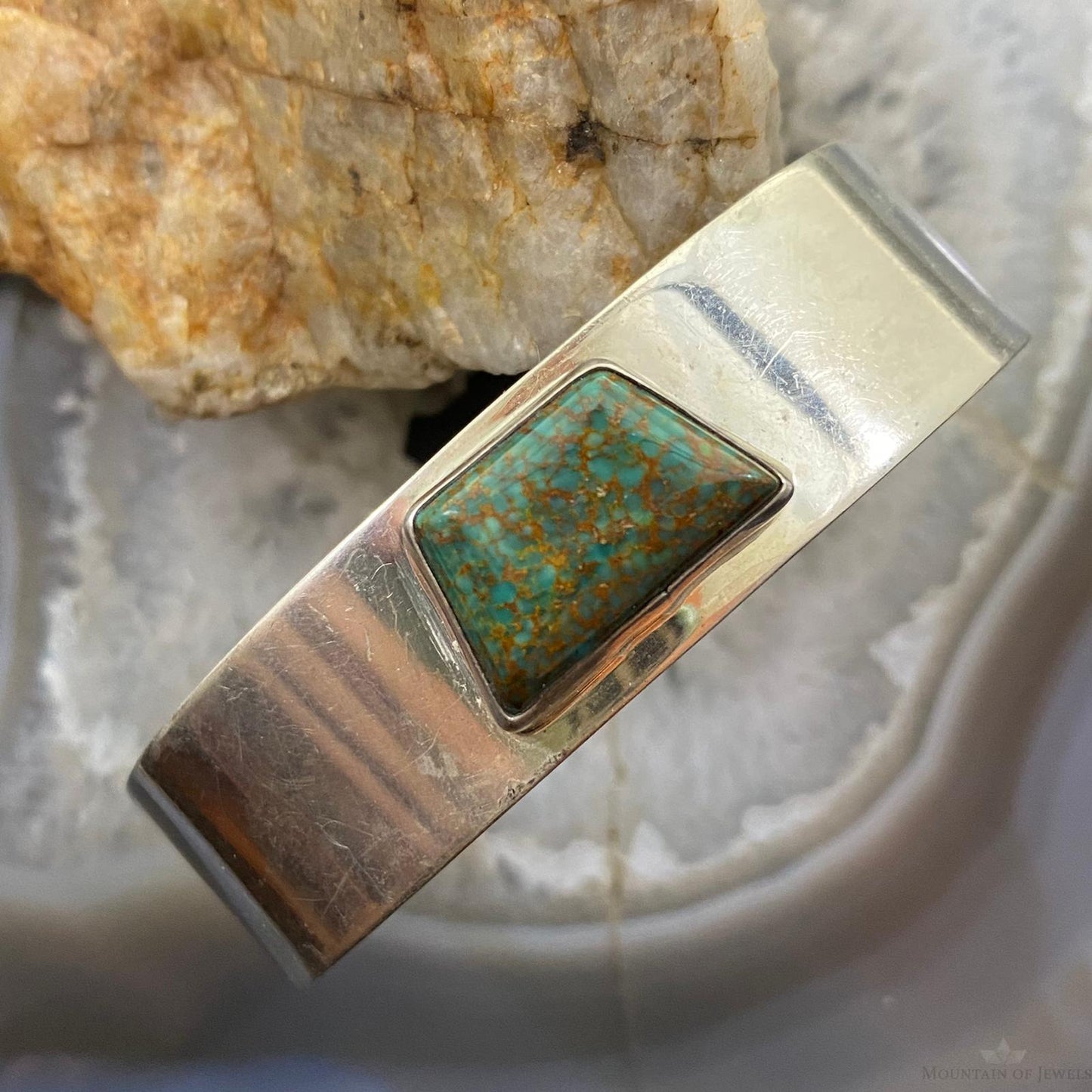 Vintage Signed Native American Sterling Silver Trapeze Turquoise Bracelet