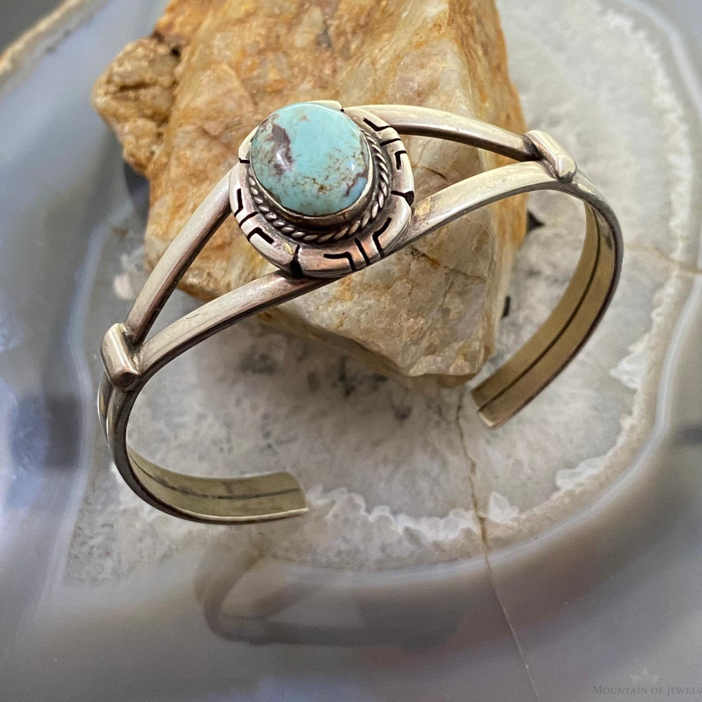 Signed Vintage Native American Sterling Oval Turquoise Split Shank Bracelet