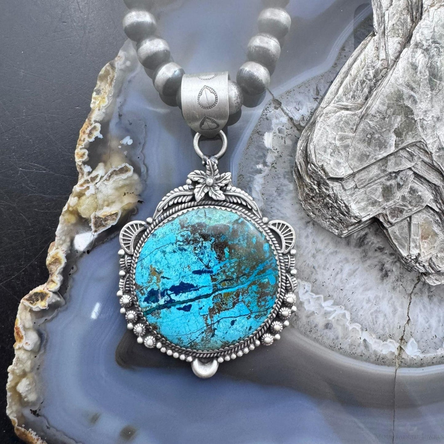 Sterling Silver Southwestern Style Large Round Chrysocolla Decorated Pendant For Women