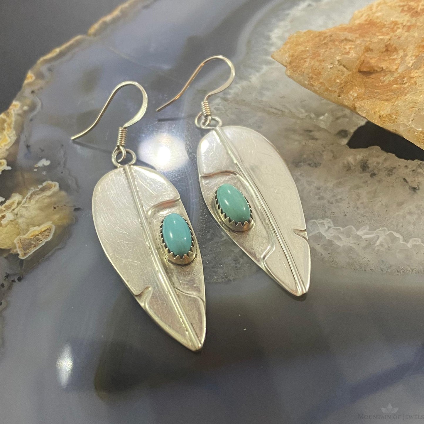 Signed Native American Sterling Silver Leaf Turquoise Dangle Earrings For Women