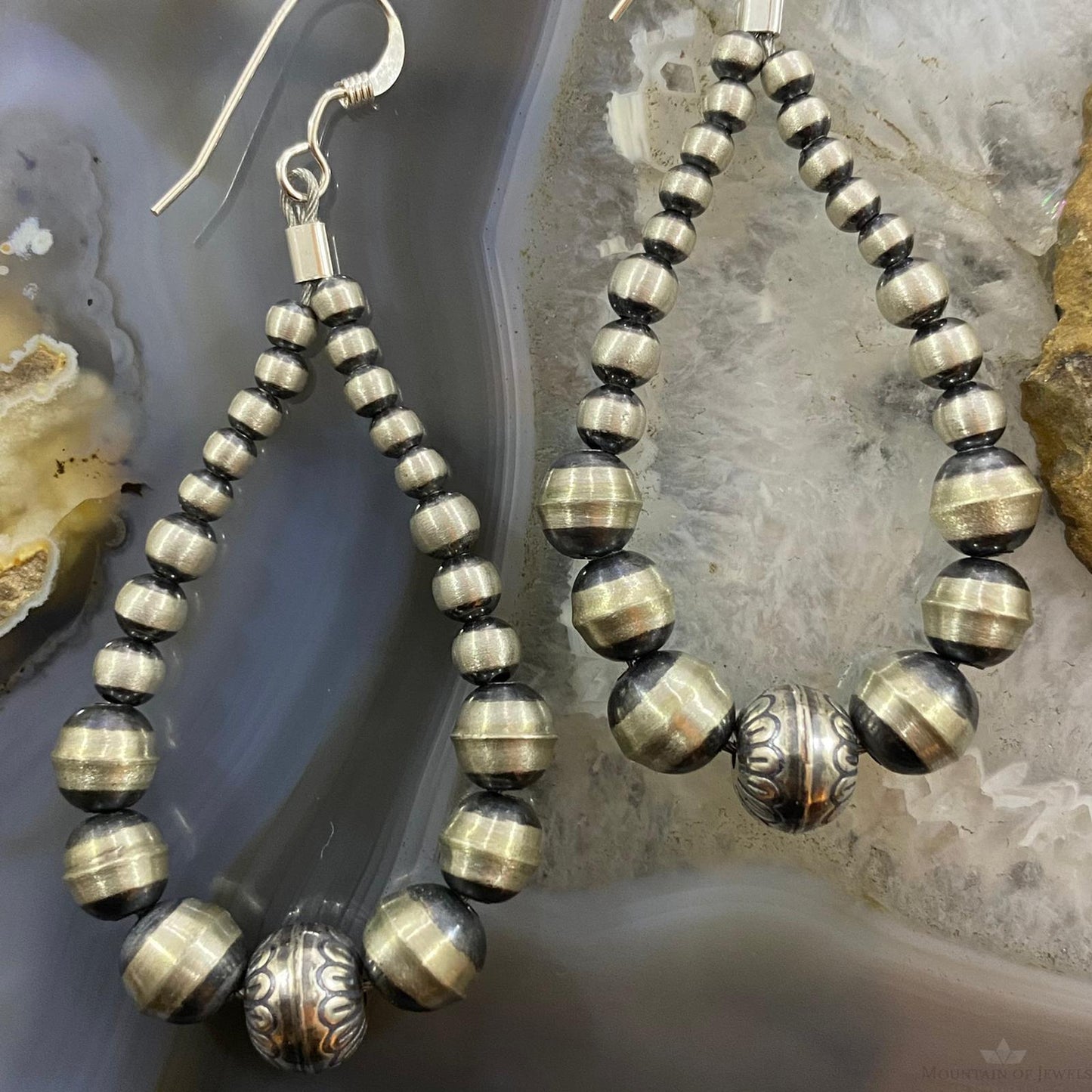 Navajo Pearl Bead Graduated 3-7 mm Sterling Hoop Dangle Earrings For Women