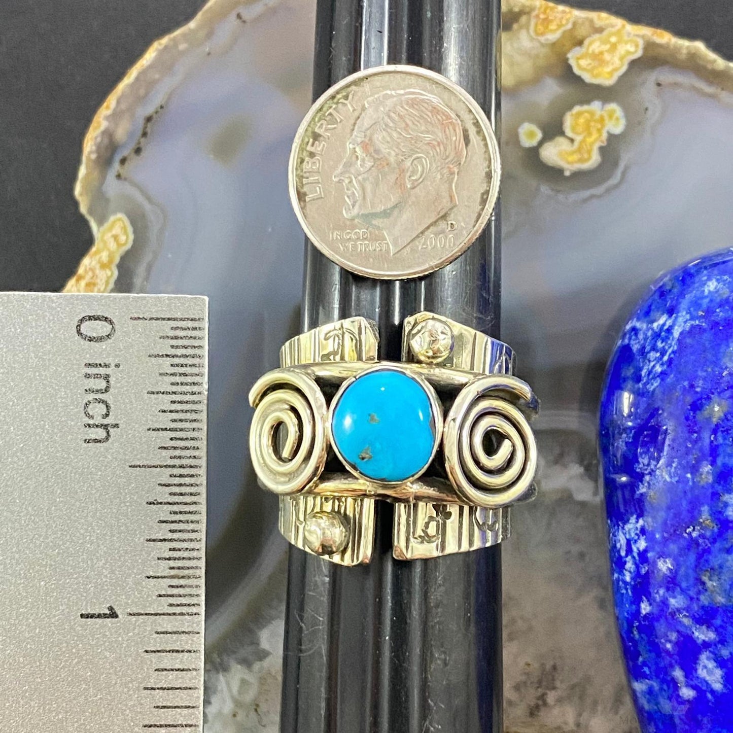Alex Sanchez Sterling Silver Turquoise Petroglyph Band Ring Sz 8.5 For Women