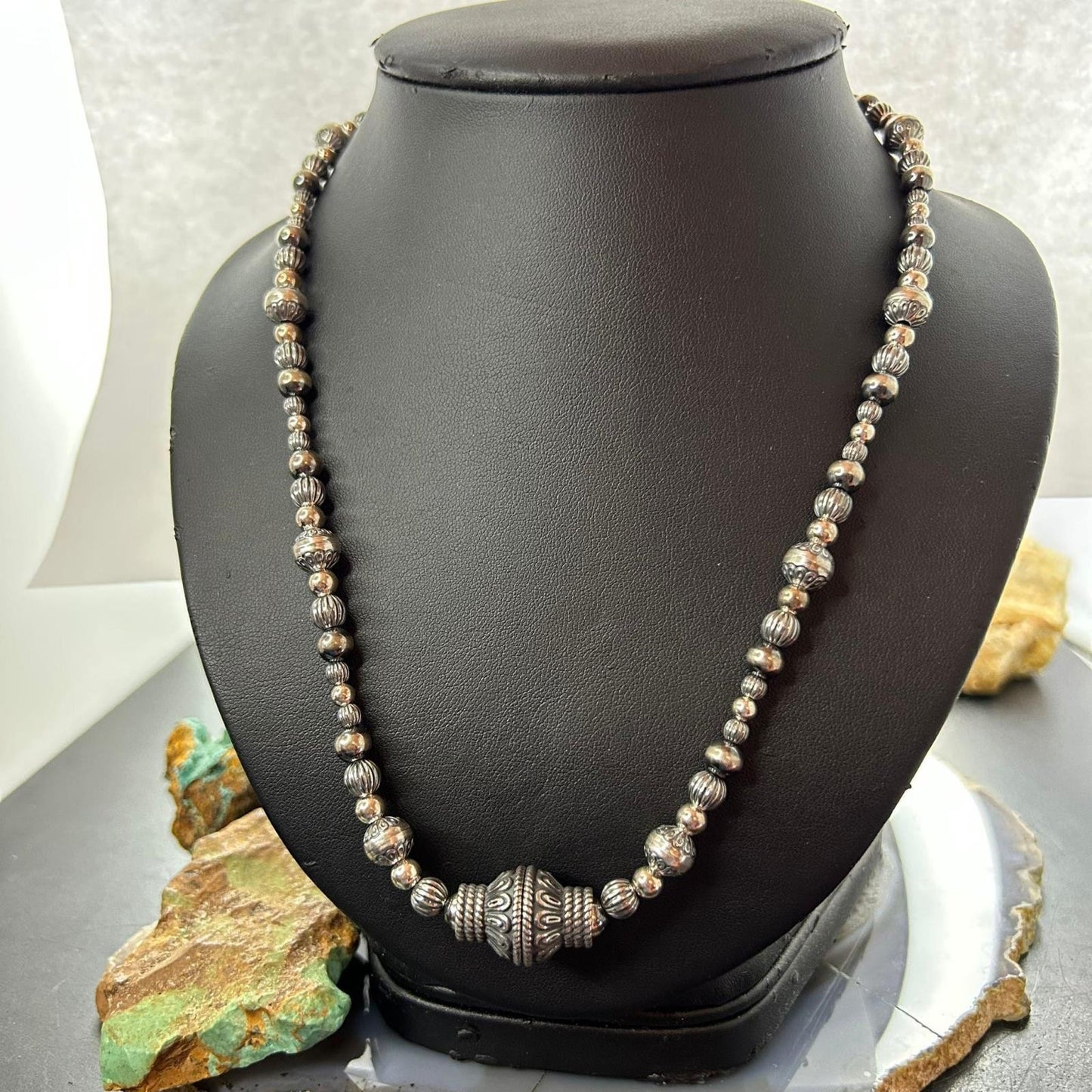 Carolyn Pollack Sterling Silver Decorated 3mm-8mm Graduated Beaded Necklace For Women