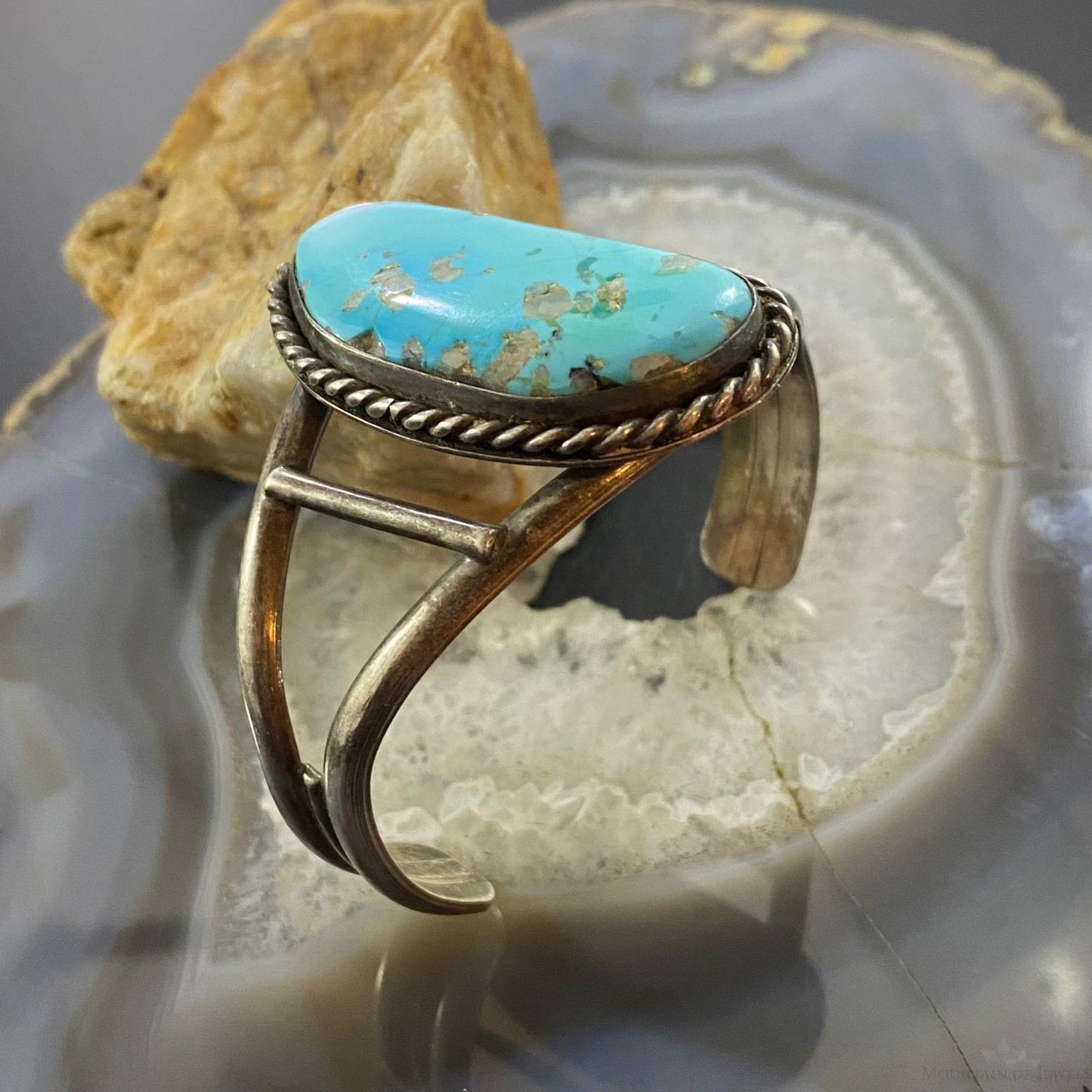 Vintage Native American Silver Large Kidney Shape Turquoise Bracelet For Women