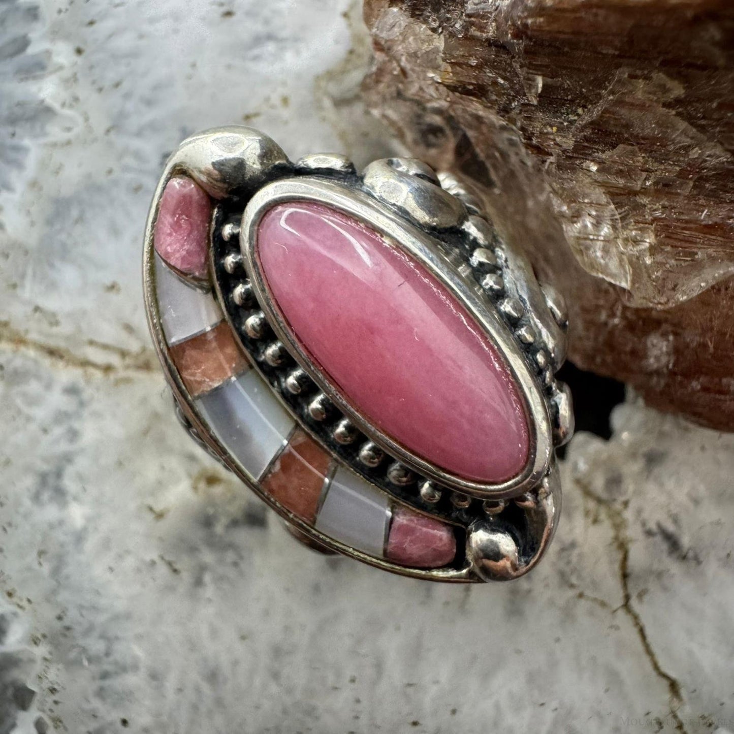 Carolyn Pollack Southwestern Style Sterling Silver Inlay Rhodonite & MOP Ring For Women