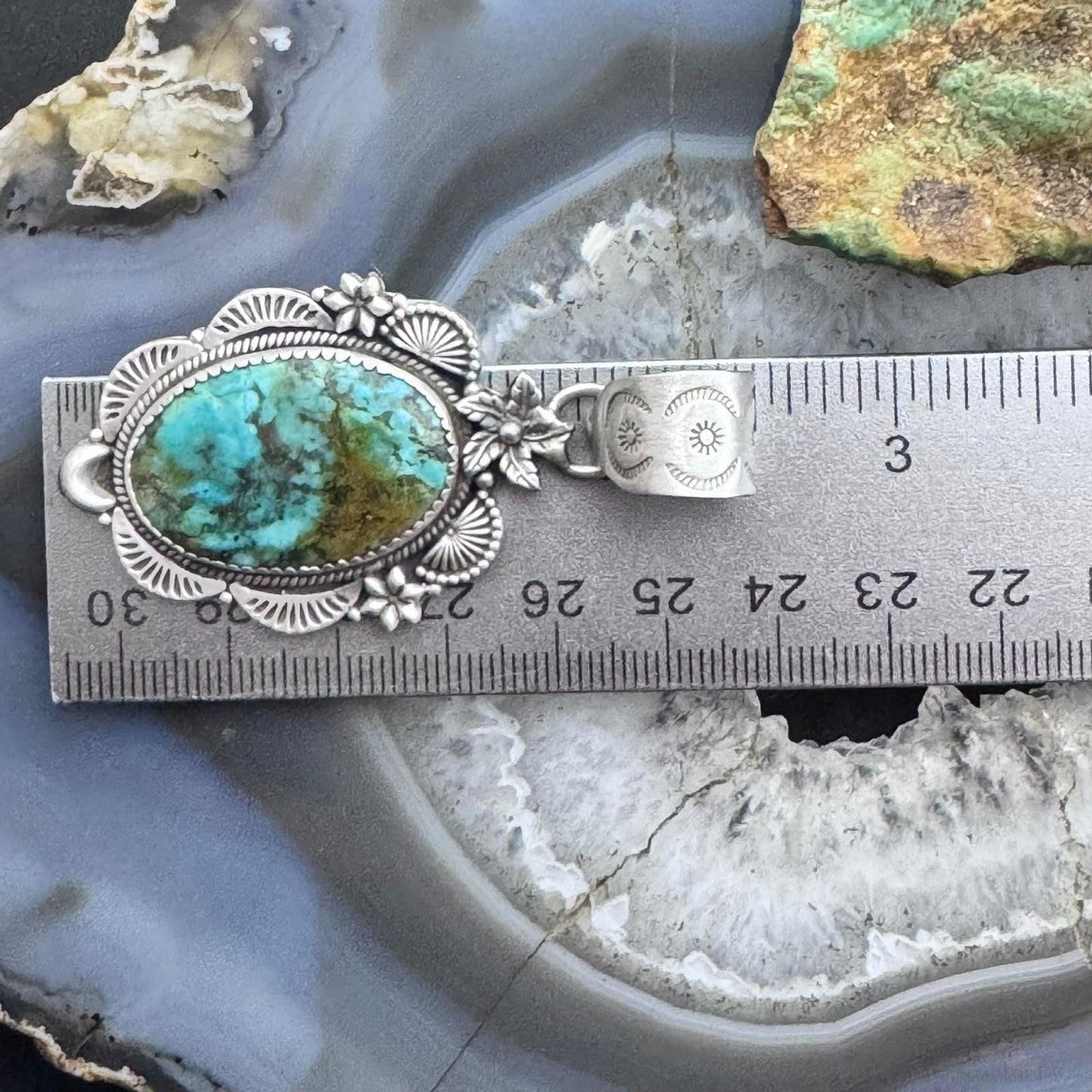 Sterling Silver Southwestern Style Oval Turquoise Decorated Pendant For Women