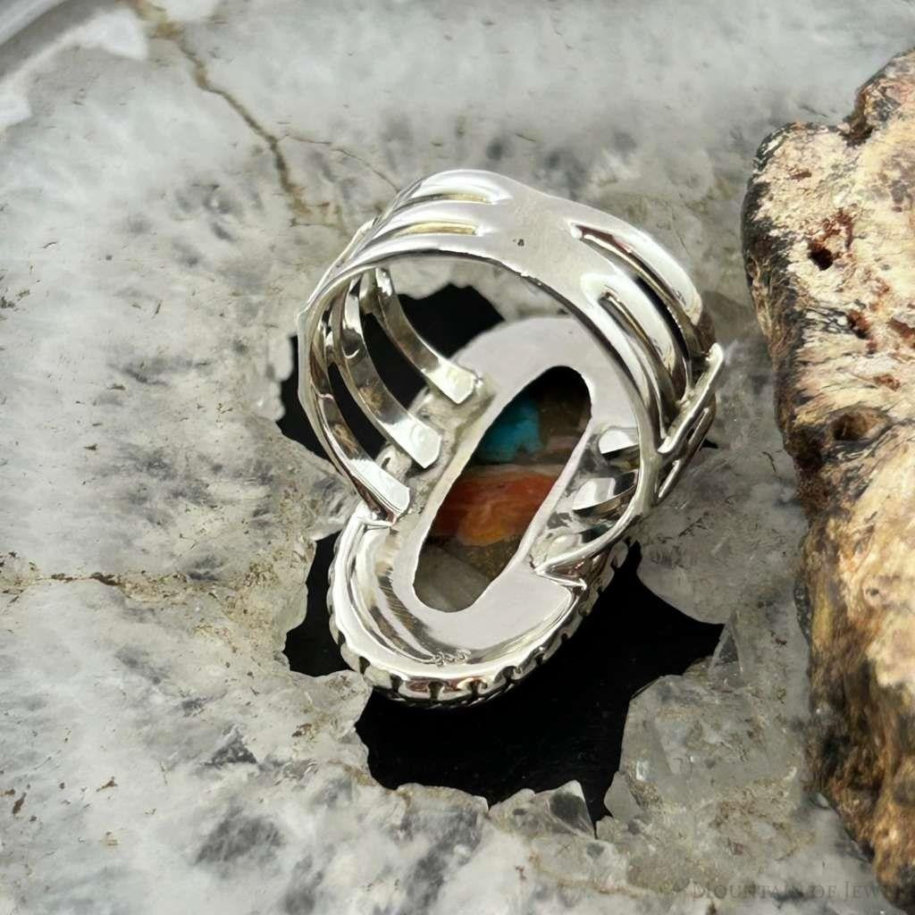 Sterling Silver Southwestern Style Oval Spiny Oyster Turquoise Ring Size 7.25 For Women