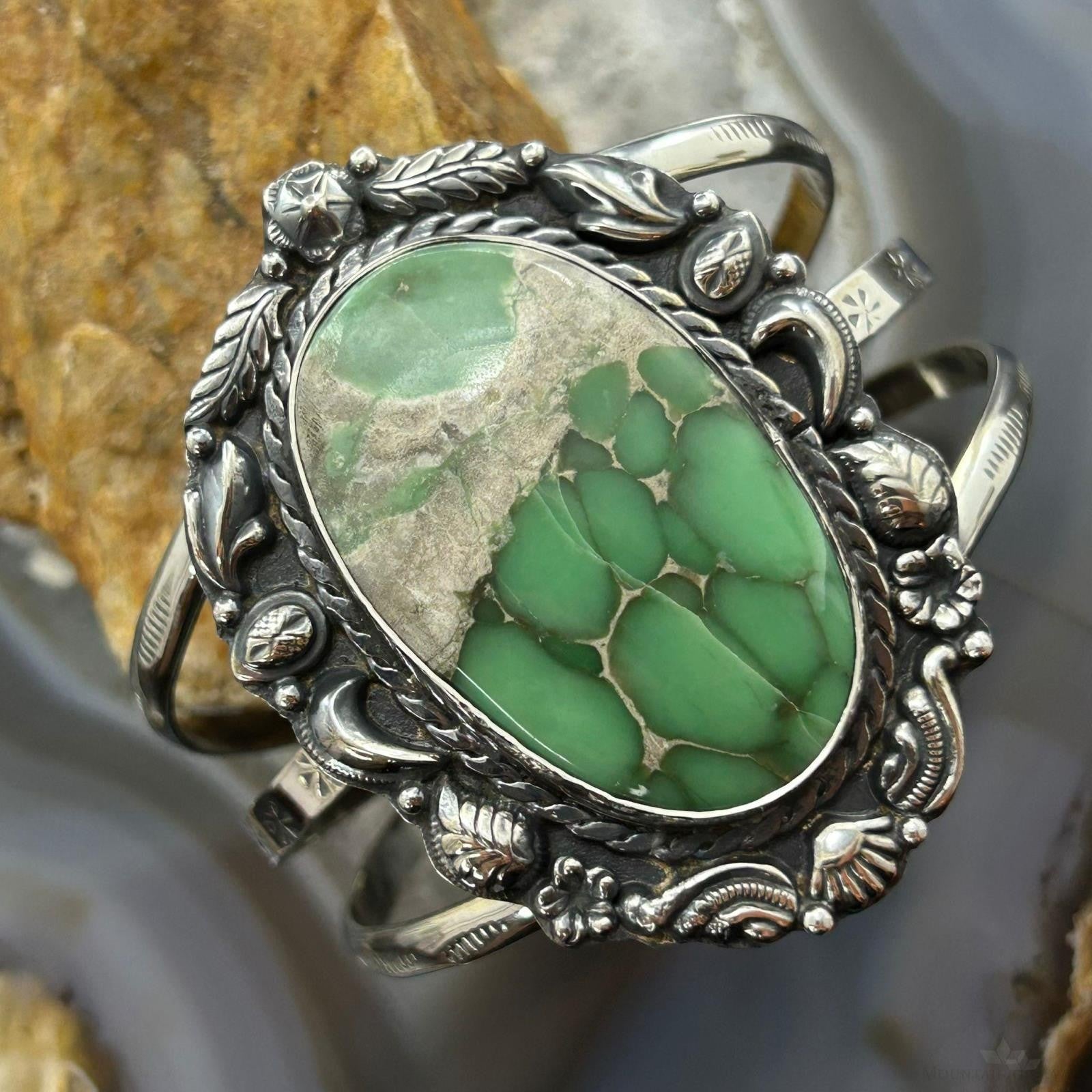 Sterling Silver Southwestern Style Large Oval Variscite Decorated