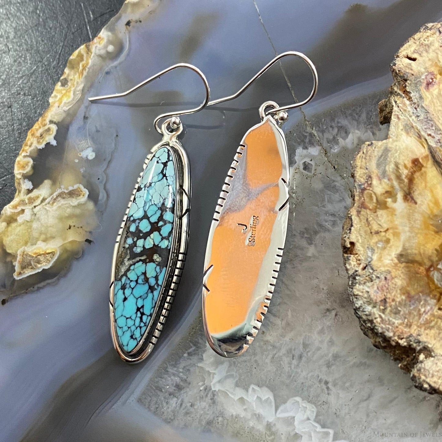 Native American Sterling Silver Marquise Chinese Turquoise Dangle Earrings