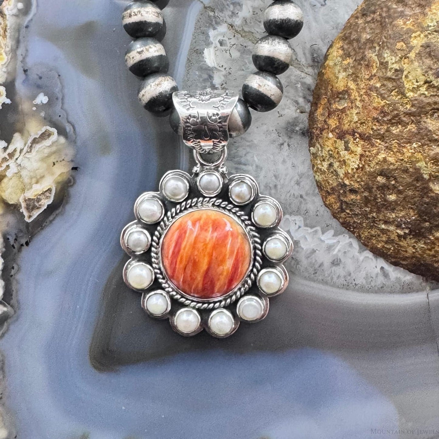 Native American Sterling Silver Spiny Oyster w/Pearls Cluster Pendant For Women