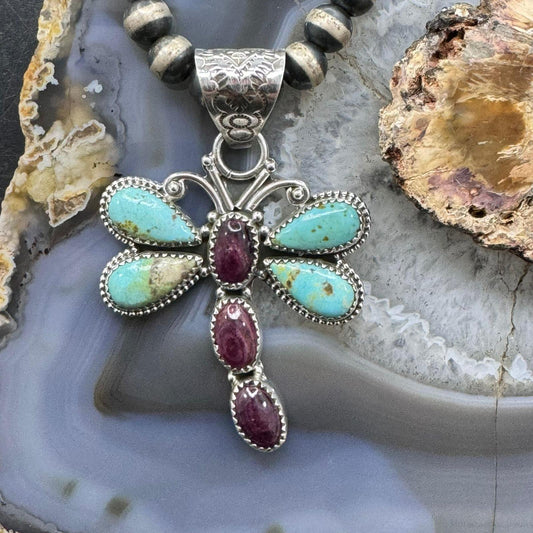Native American Sterling Silver Spiny Oyster & Turquoise Dragonfly Pendant For Women