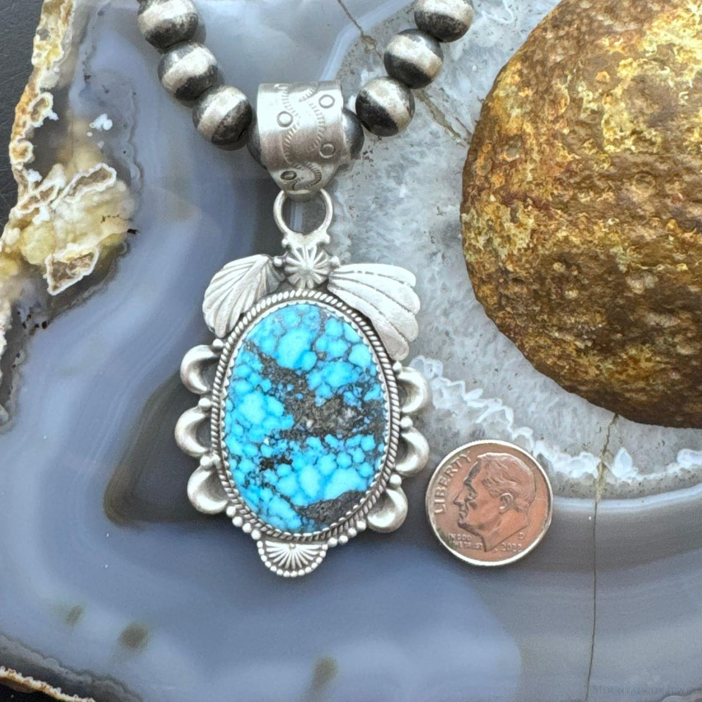 Sterling Silver Southwestern Style Large Oval Kingman Turquoise Pendant For Women
