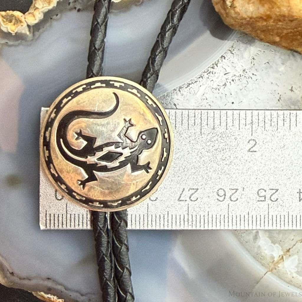 Native American Silver Round Engraved Lizard Decorated Bolo Tie For Men