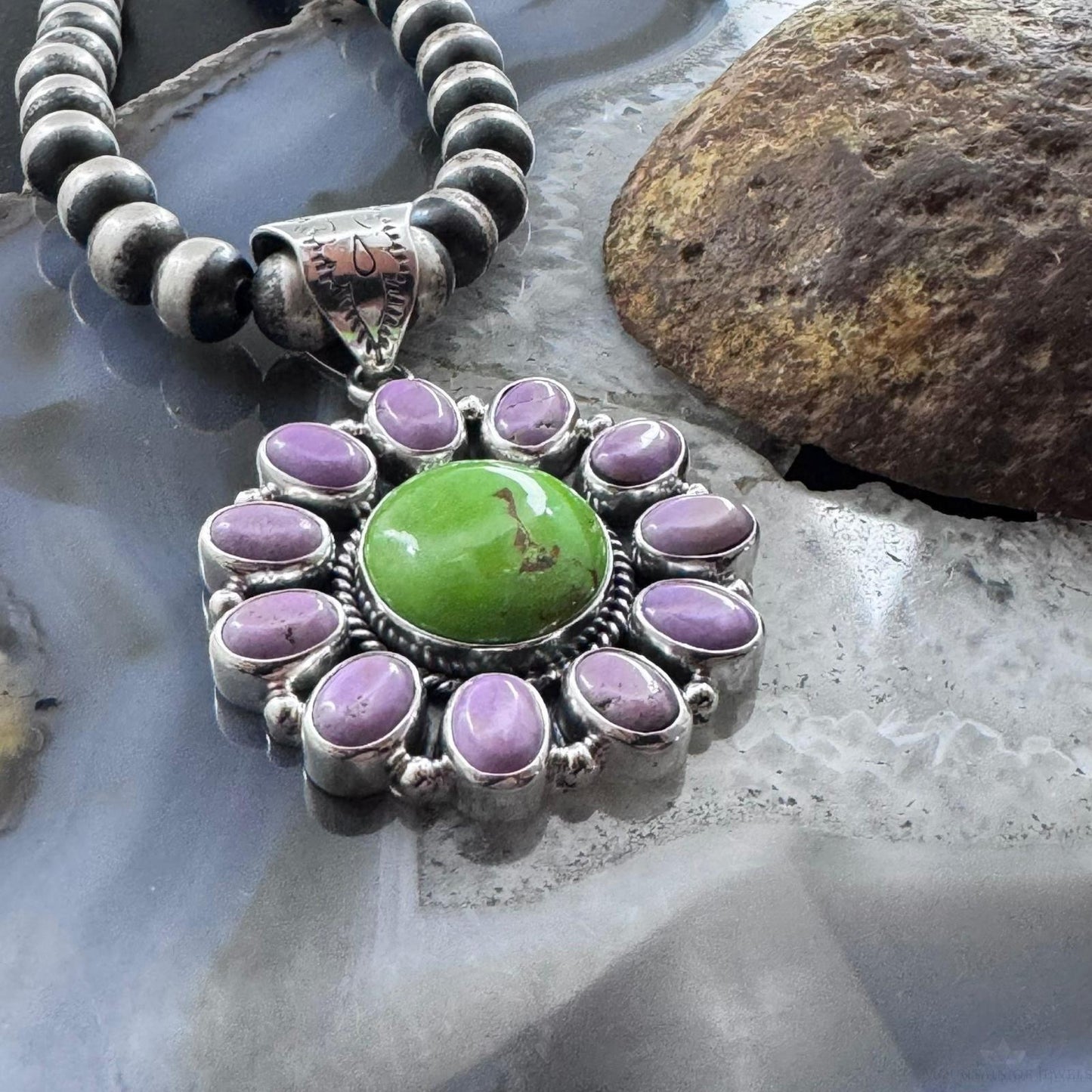 Native American Sterling Silver Green Turquoise w/Phosphosiderite Pendant For Women