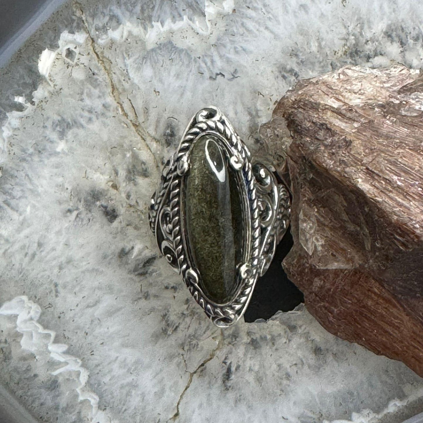Carolyn Pollack Sterling Silver Elongated Oval Smoky Quartz Decorated Ring For Women