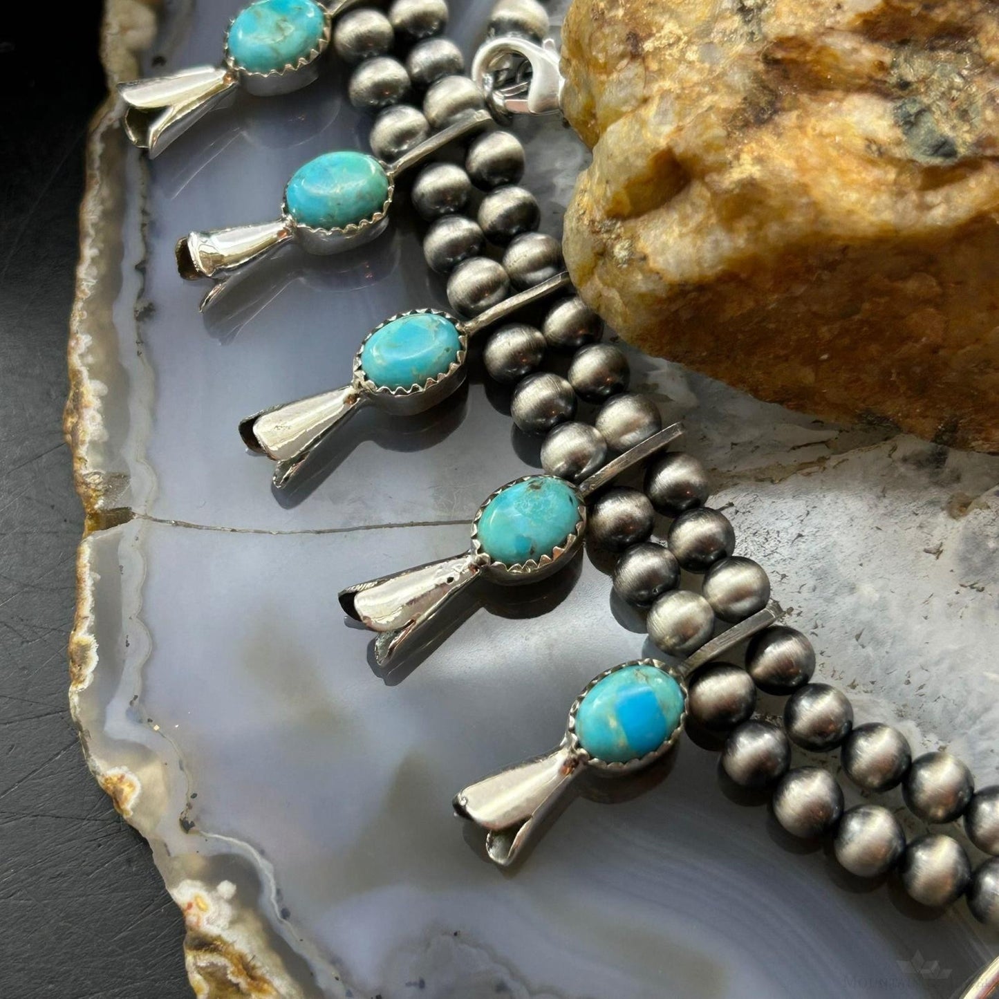 Sterling Silver Southwestern Style Turquoise Squash Blossom Necklace For Women