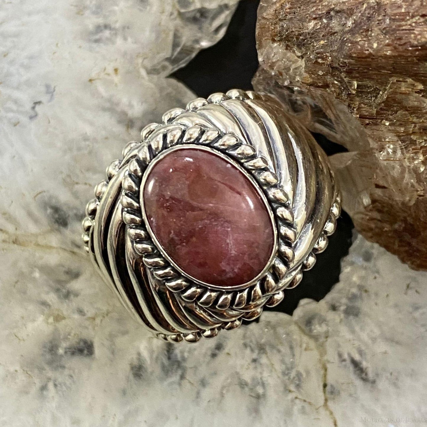 Carolyn Pollack Southwestern Style Sterling Silver Oval Rhodonite Decorated Unisex Ring Sizes 8 &12 For Women