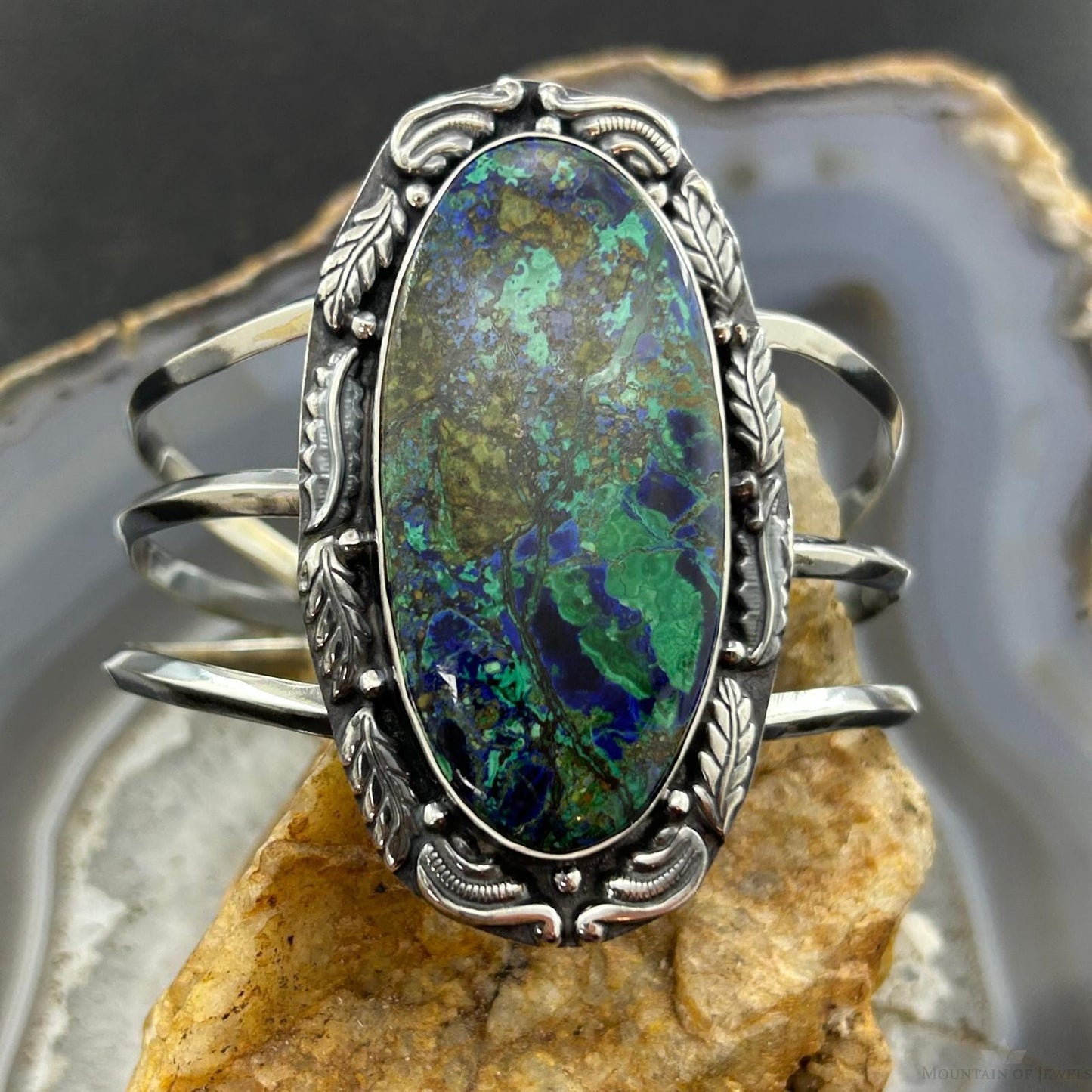 Sterling Silver Southwestern Style Large Oval Azurite Malachite Bracelet For Women