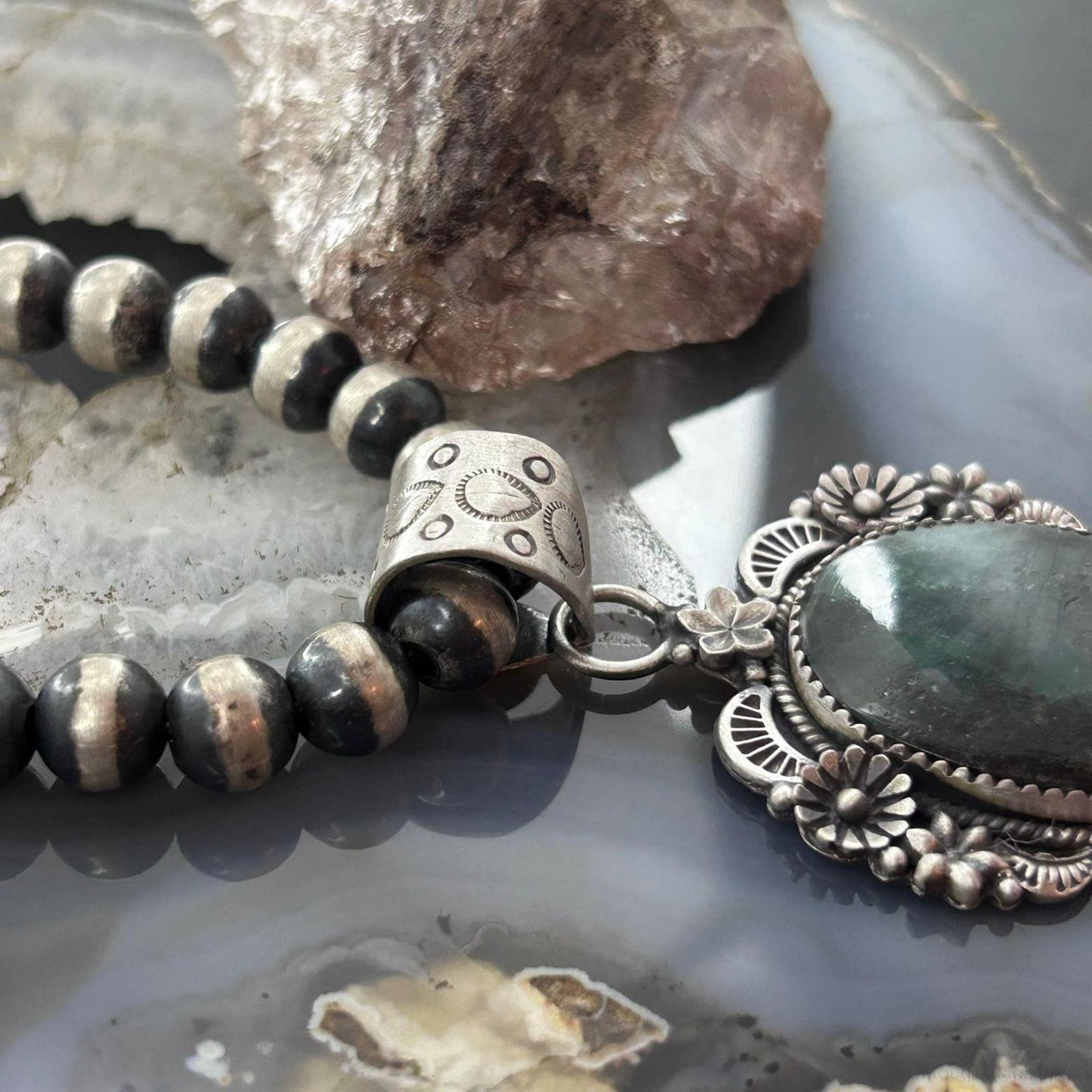 Sterling Silver Southwestern Style Oval Dark Emerald Decorated Pendant For Women