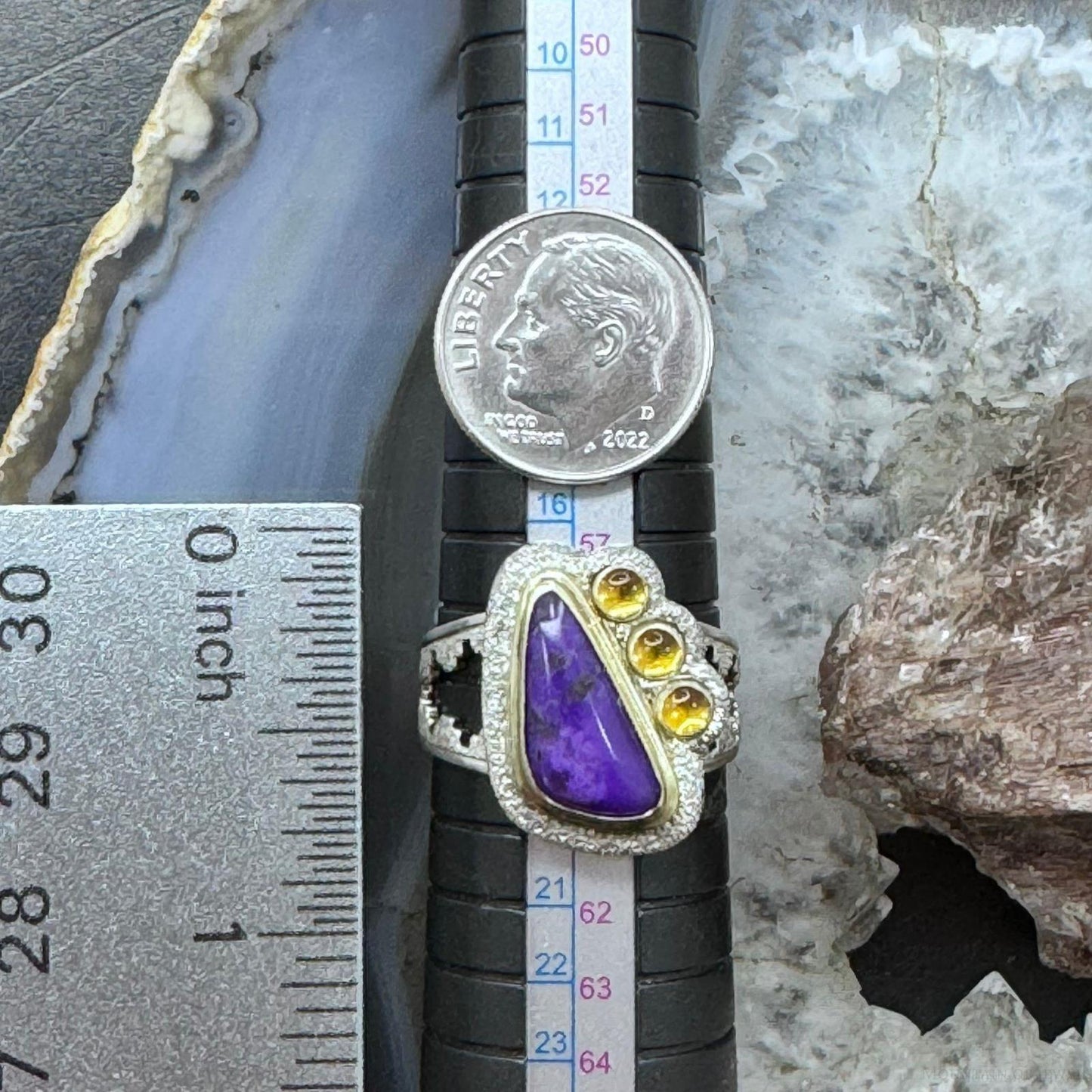 Carolyn Pollack Sterling Silver & 14K Gold Triangle Sugilite & 3 Citrine Ring For Women
