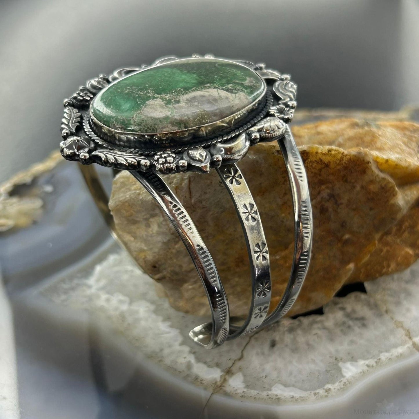 Sterling Silver Southwestern Style Large Oval Variscite Bracelet For Women