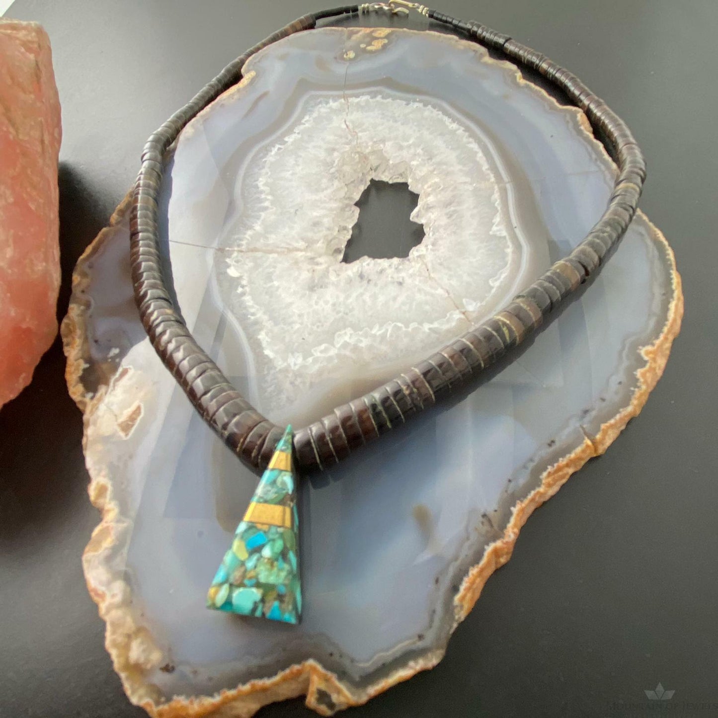 Vintage Graduated Olive and Triangle Turquoise Mosaic Heishi Necklace
