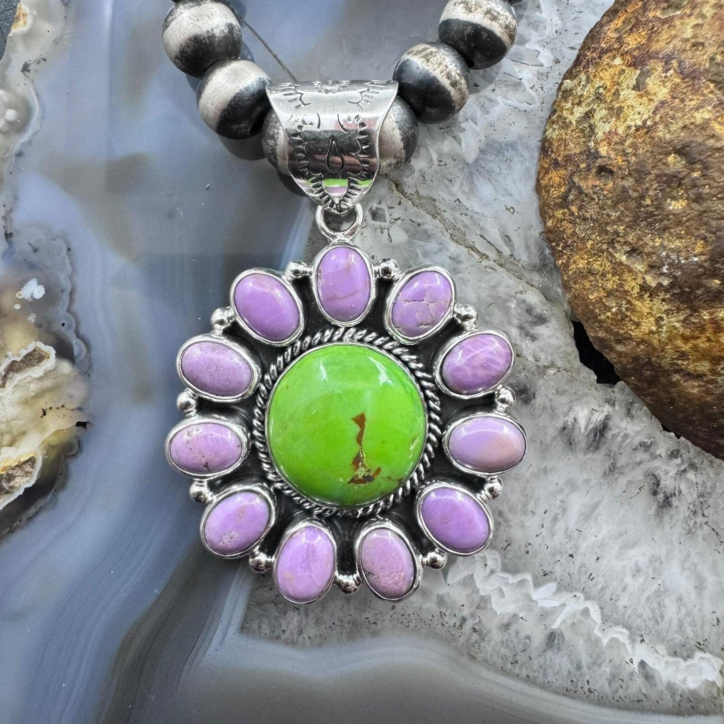 Native American Sterling Silver Green Turquoise w/Phosphosiderite Pendant For Women