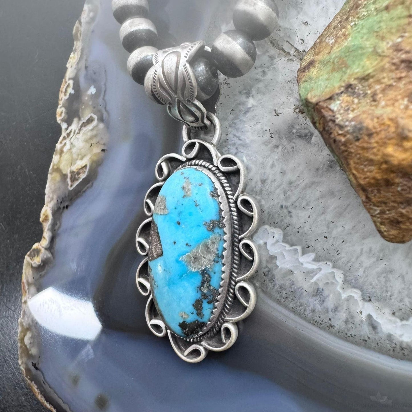 Sterling Silver Southwestern Style Elongated Oval Matrix Turquoise Pendant For Women