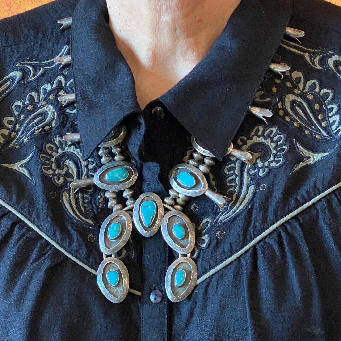 Antique Native American Silver Turquoise Shadow Box Squash Blossom Necklace 28"