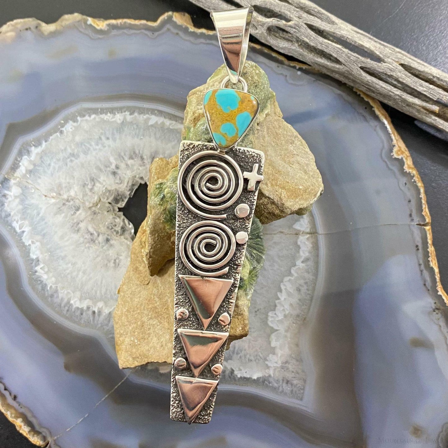 Alex Sanchez Sterling Silver Turquoise Petroglyph Long Pendant For Men