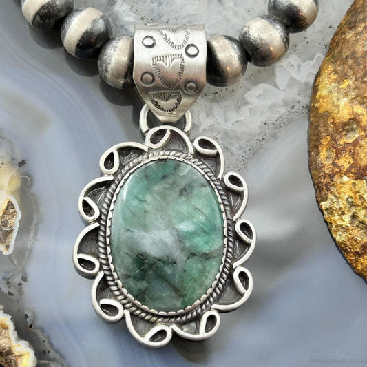 Sterling Silver Southwestern Style Oval Emerald Decorated Pendant For Women #1