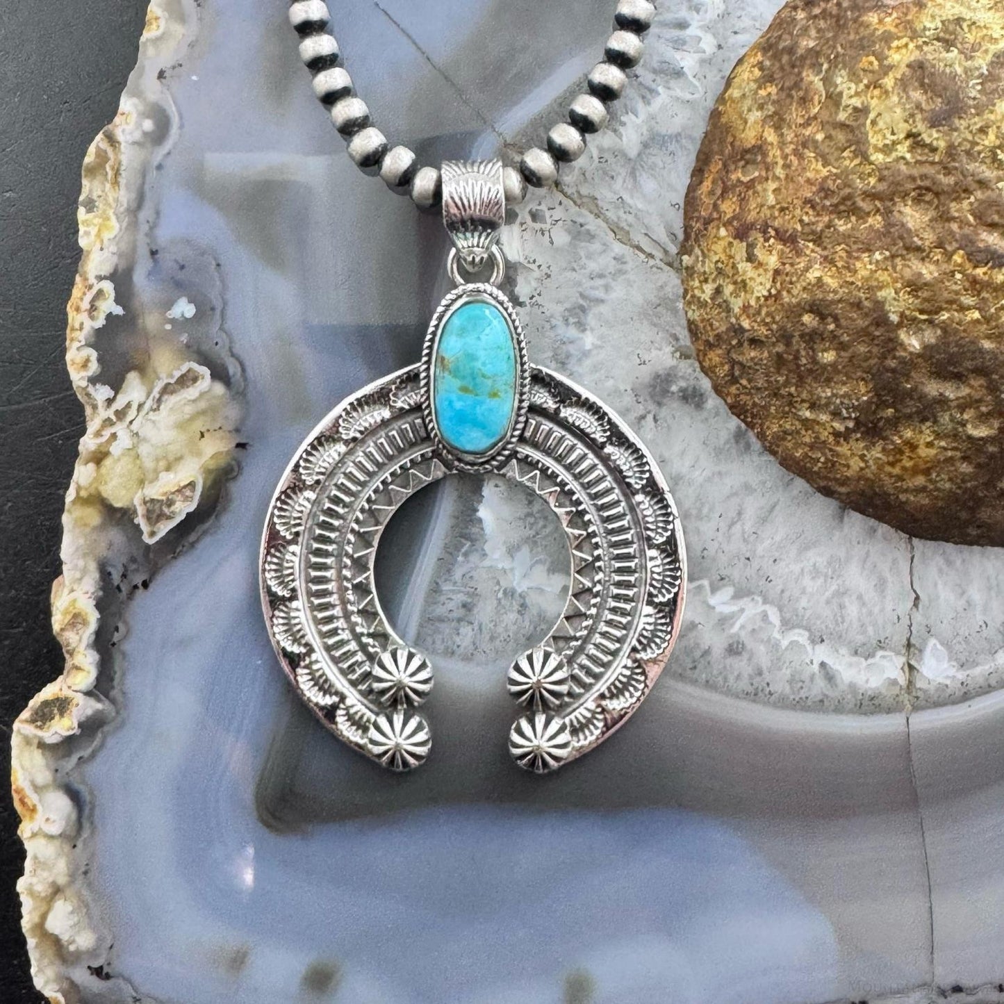 Sterling Silver Southwestern Style Oval Turquoise Decorated Unisex Naja Pendant