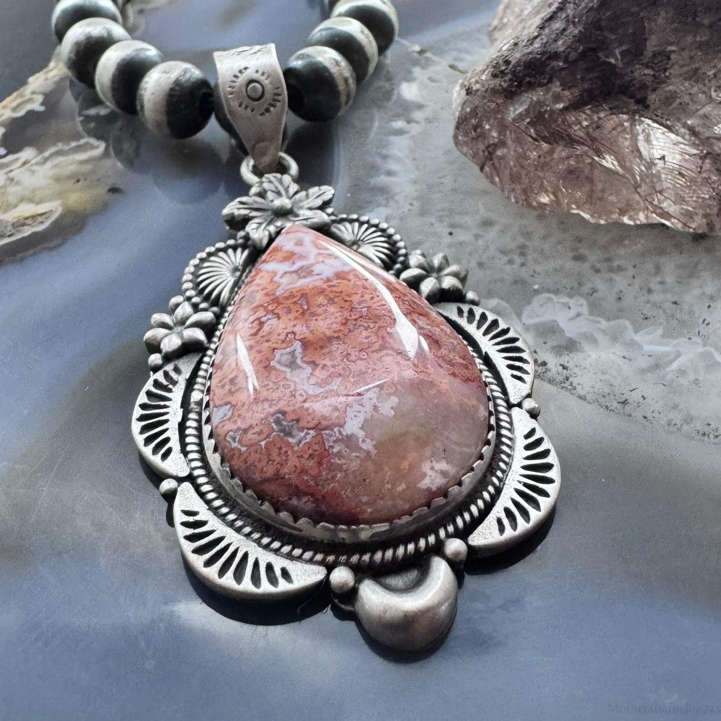 Sterling Silver Southwestern Style Teardrop Red Plum Decorated Pendant For Women