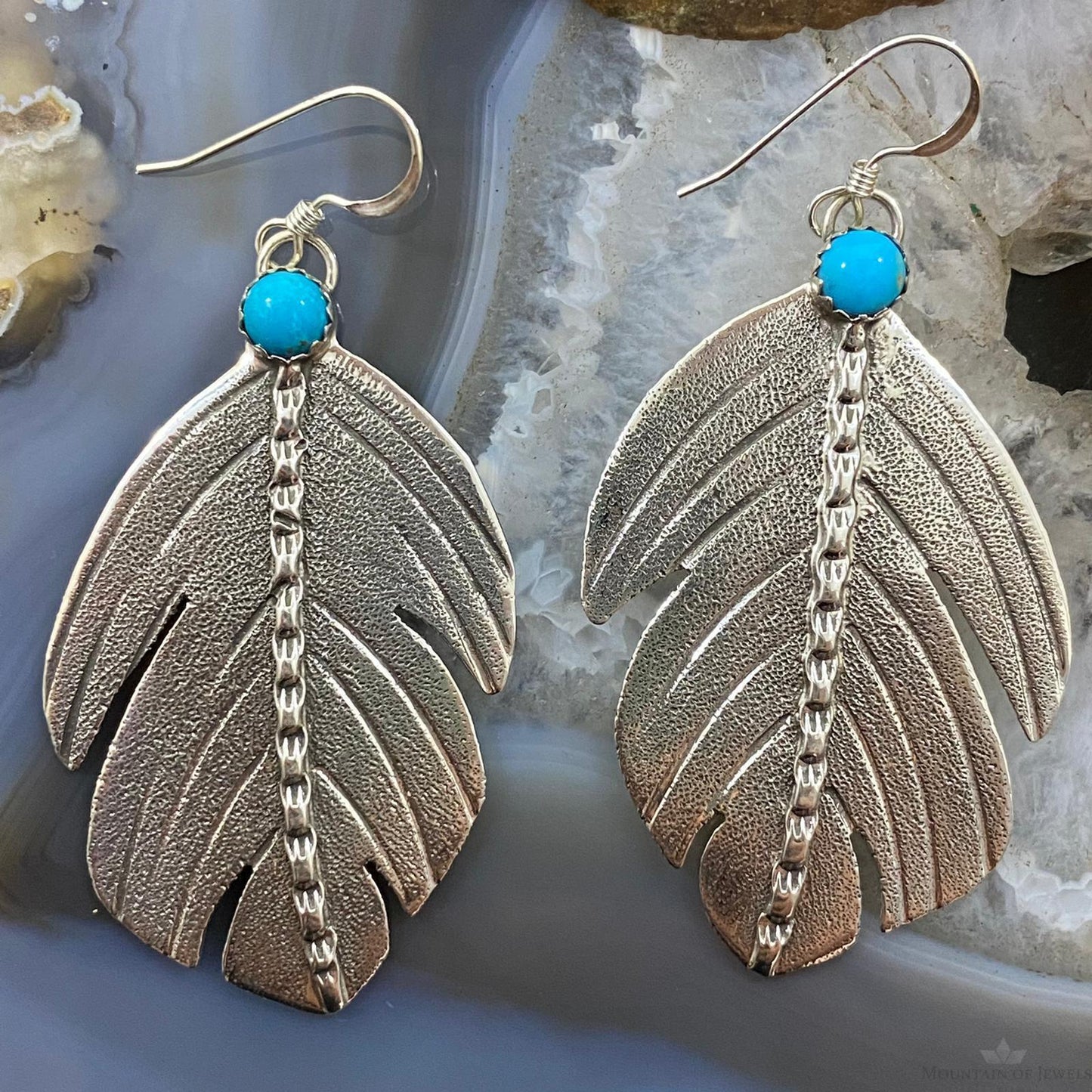 Brad Panteah Sterling Silver Turquoise Feather Texture Dangle Earrings For Women