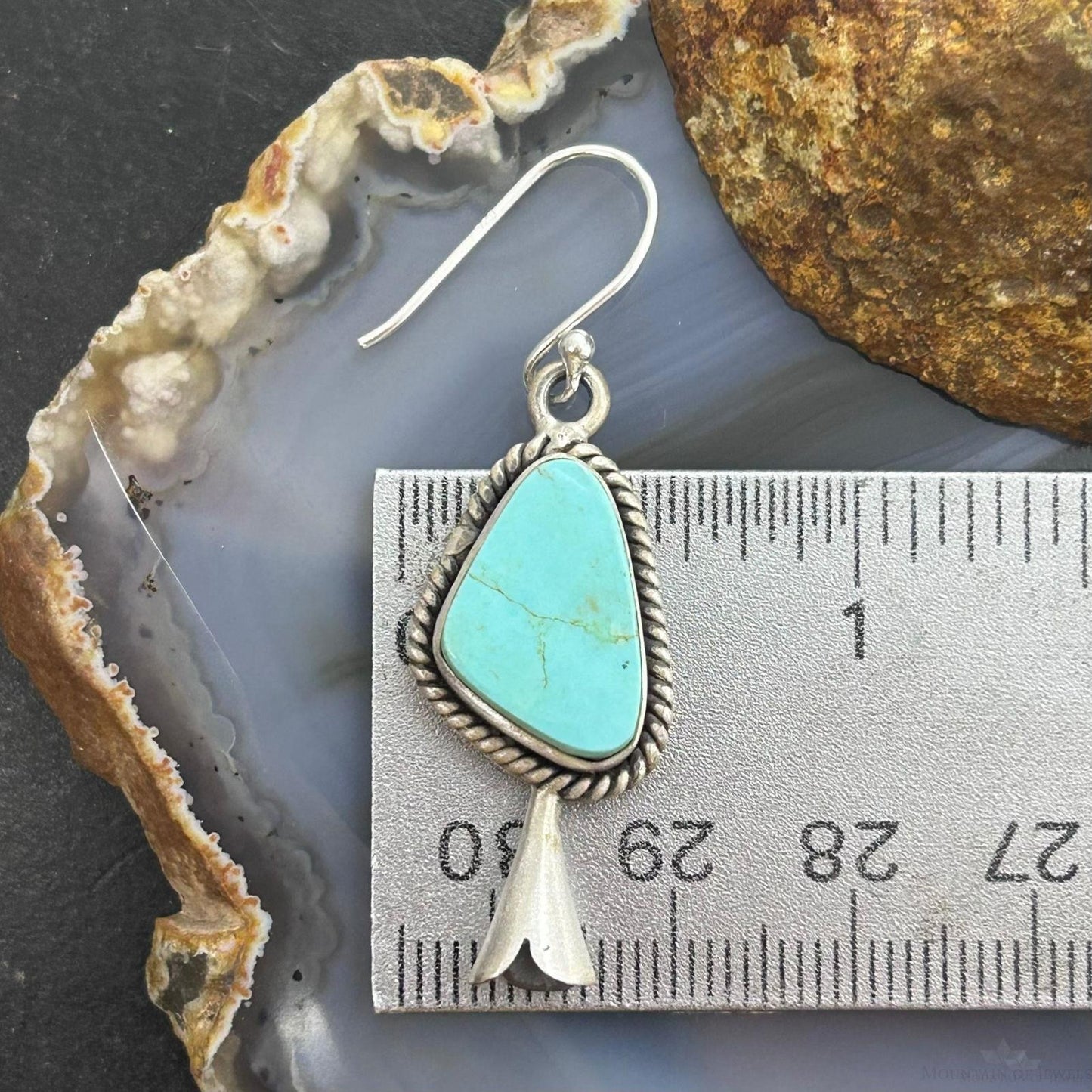 Sterling Silver Southwestern Style Turquoise Squash Blossom Dangle Earrings For Women #2