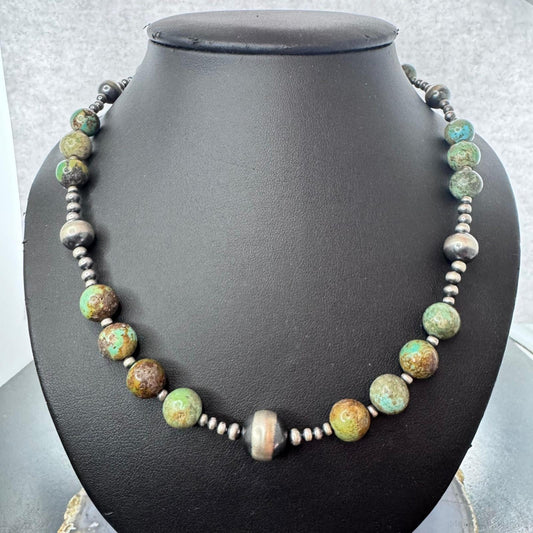 Sterling Southwestern Style Green Turquoise/Navajo Pearl Bead 16"-18" Necklace For Women