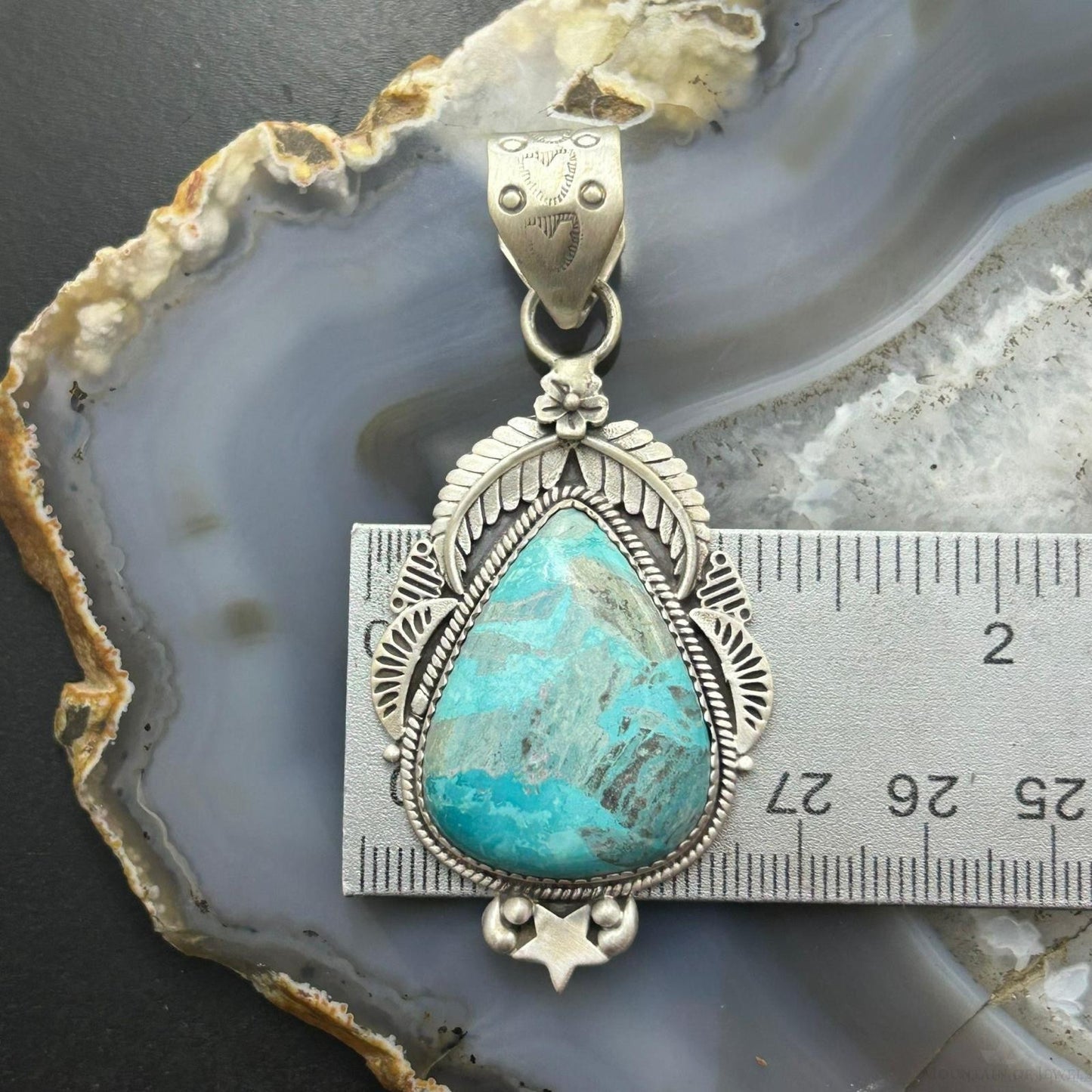 Sterling Silver Southwestern Style Teardrop Turquoise Decorated Pendant For Women