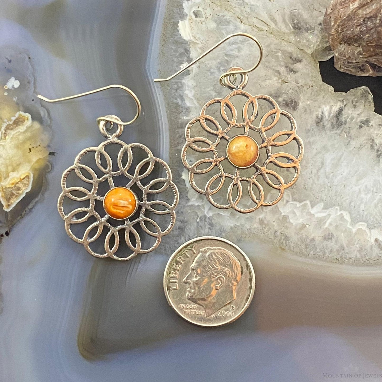 Sterling Silver Round Spiny Oyster Flower Fashion Dangle Earrings For Women