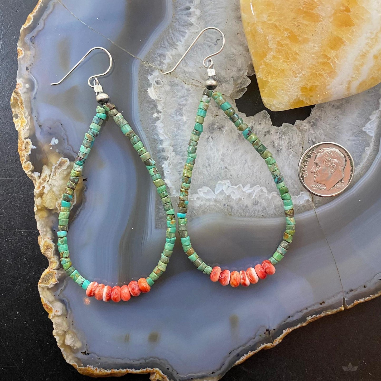 Sterling Silver Turquoise Beads 3 mm & Spiny Oyster Hoop Earrings For Women