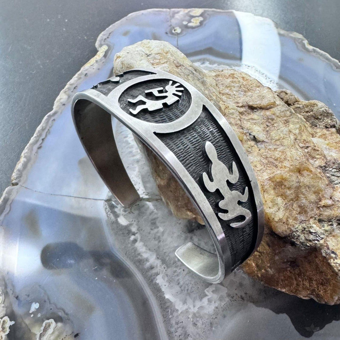 Vintage Sterling Silver Kokopelli Southwestern Motifs Overlay Bracelet For Women