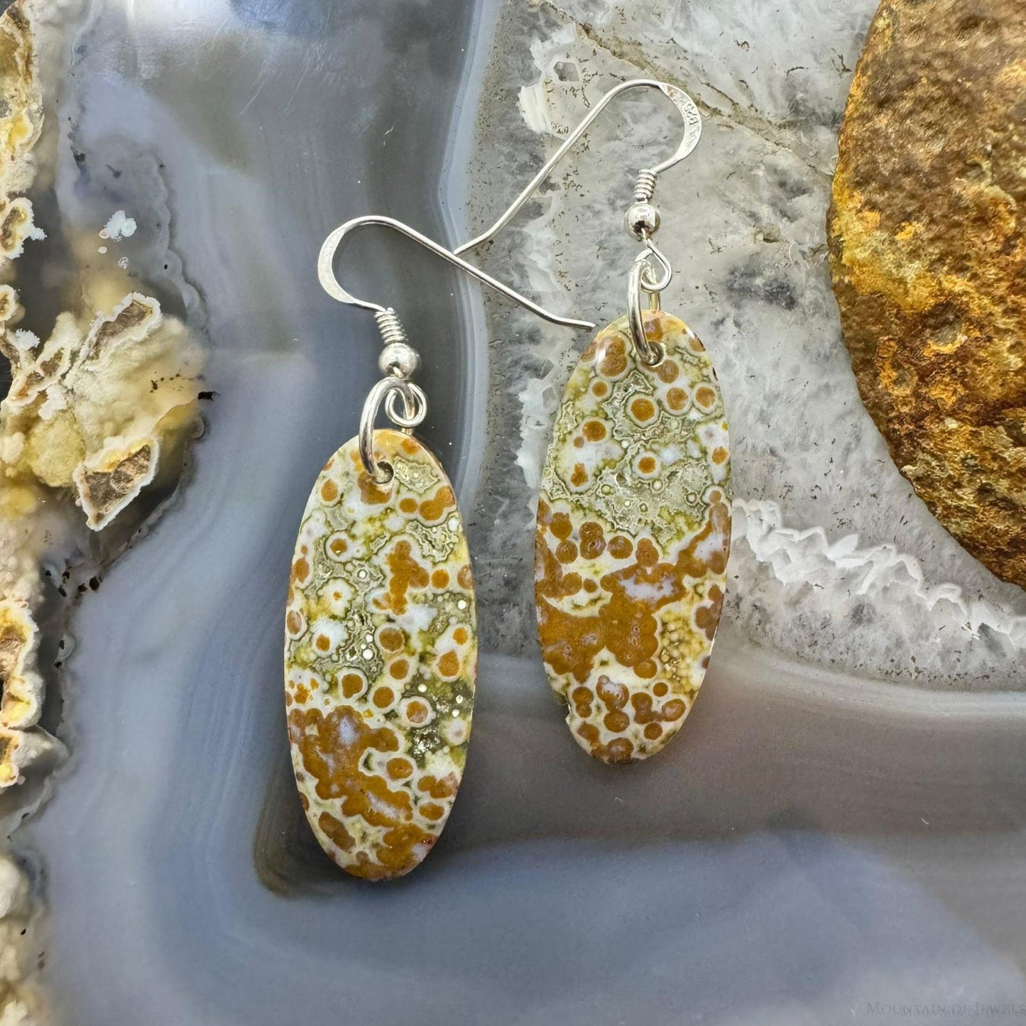 Sterling Silver Elongated Oval River Jasper Slab Dangle Earrings For Women #352
