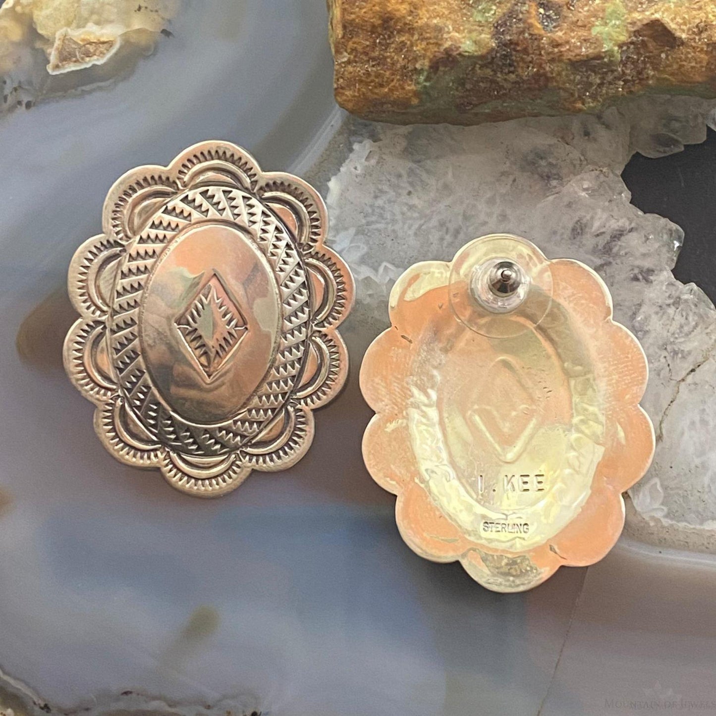 I. Kee Vintage Native American Sterling Silver Stamped Stud Earrings For Women