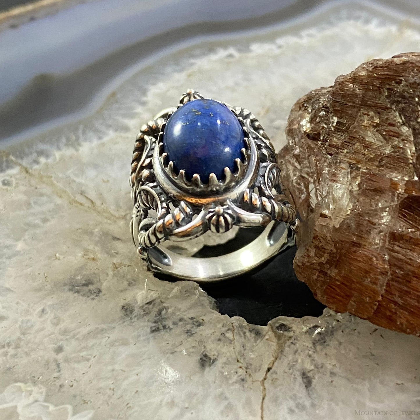 Carolyn Pollack Southwestern Style Sterling Silver Oval Denim Lapis Decorated Ring For Women