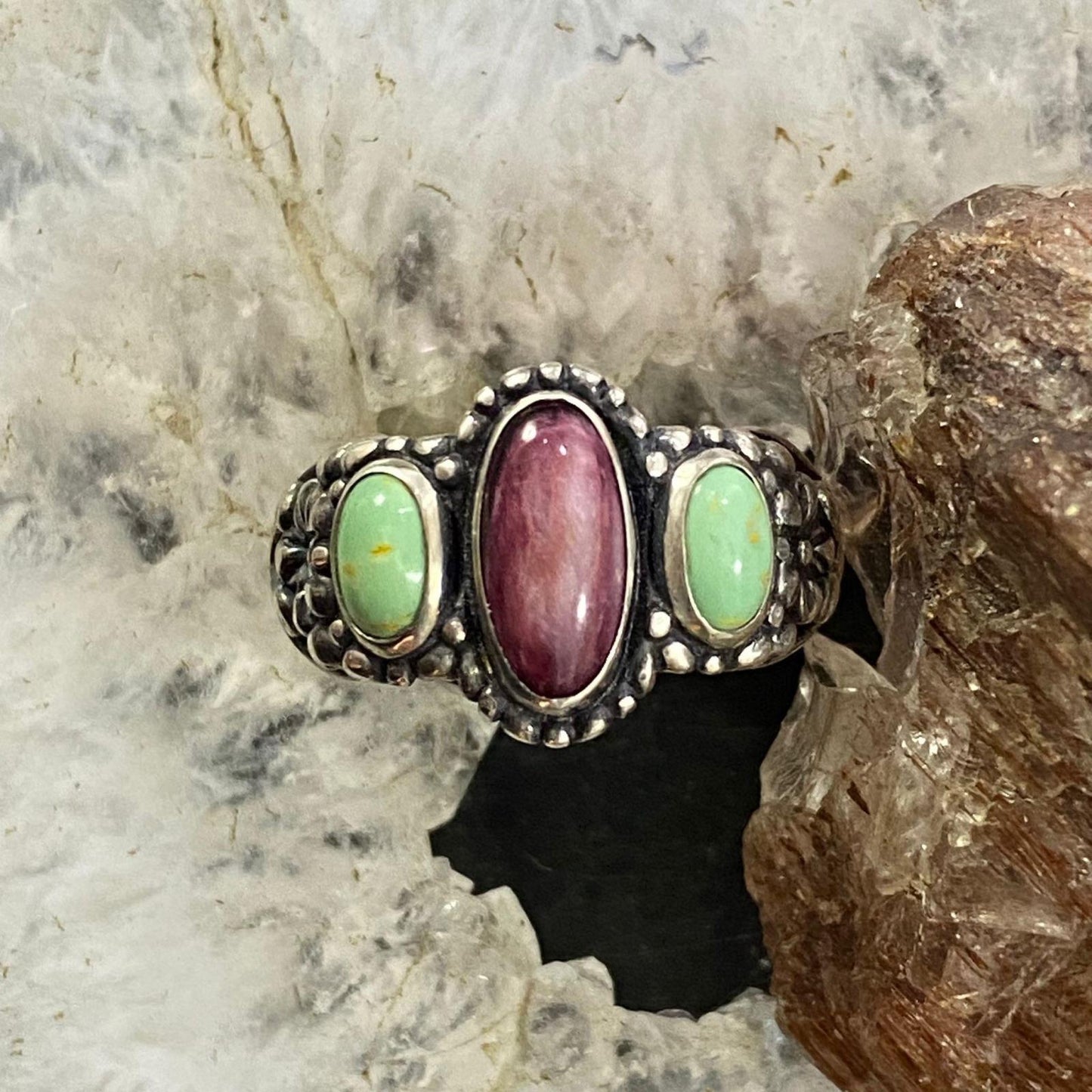 Carolyn Pollack Southwestern Style Sterling Silver Purple Spiny Oyster & Green Turquoise Ring For Women