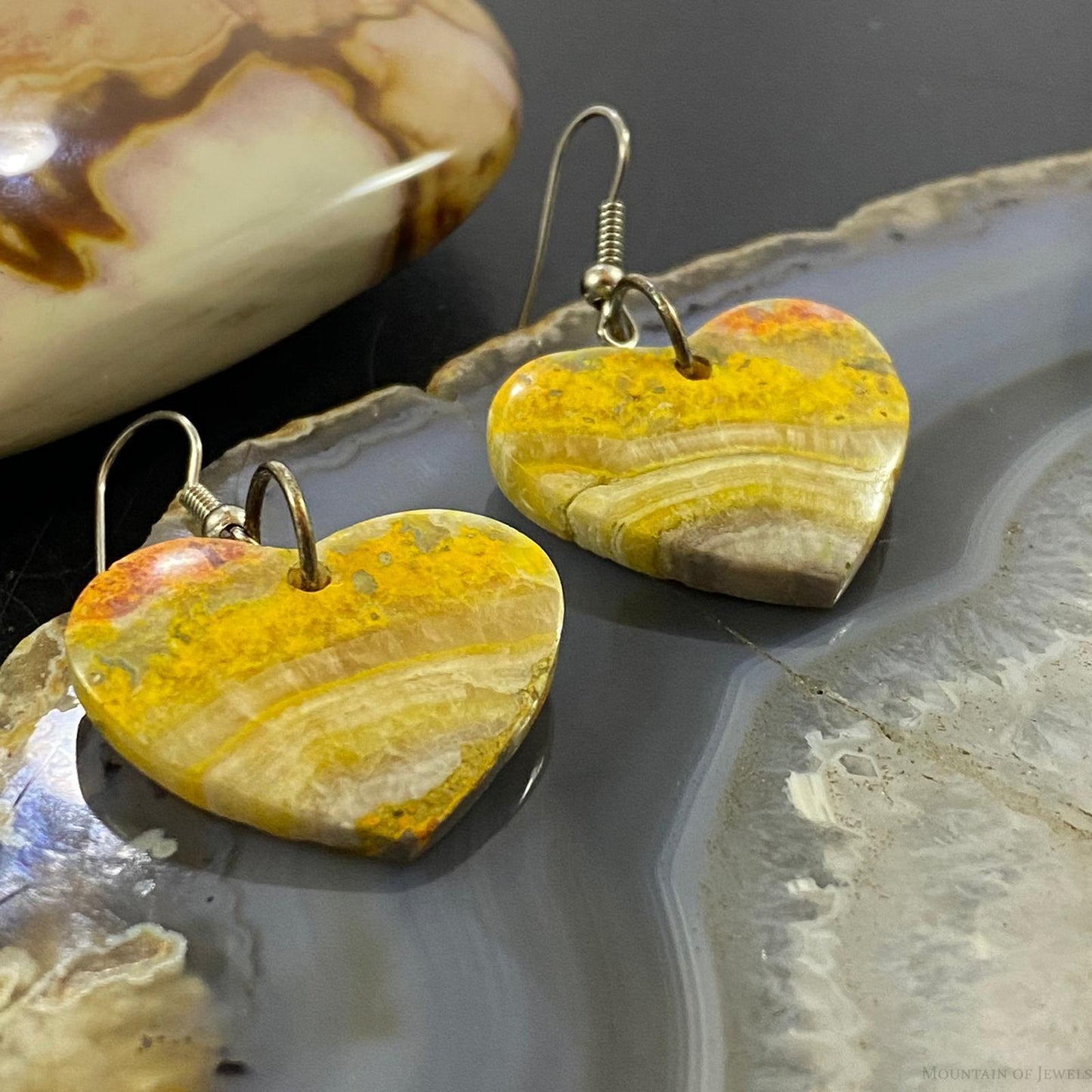 Sterling Silver Heart Shape Bumblebee Jasper Slab Dangle Earrings For Women #2