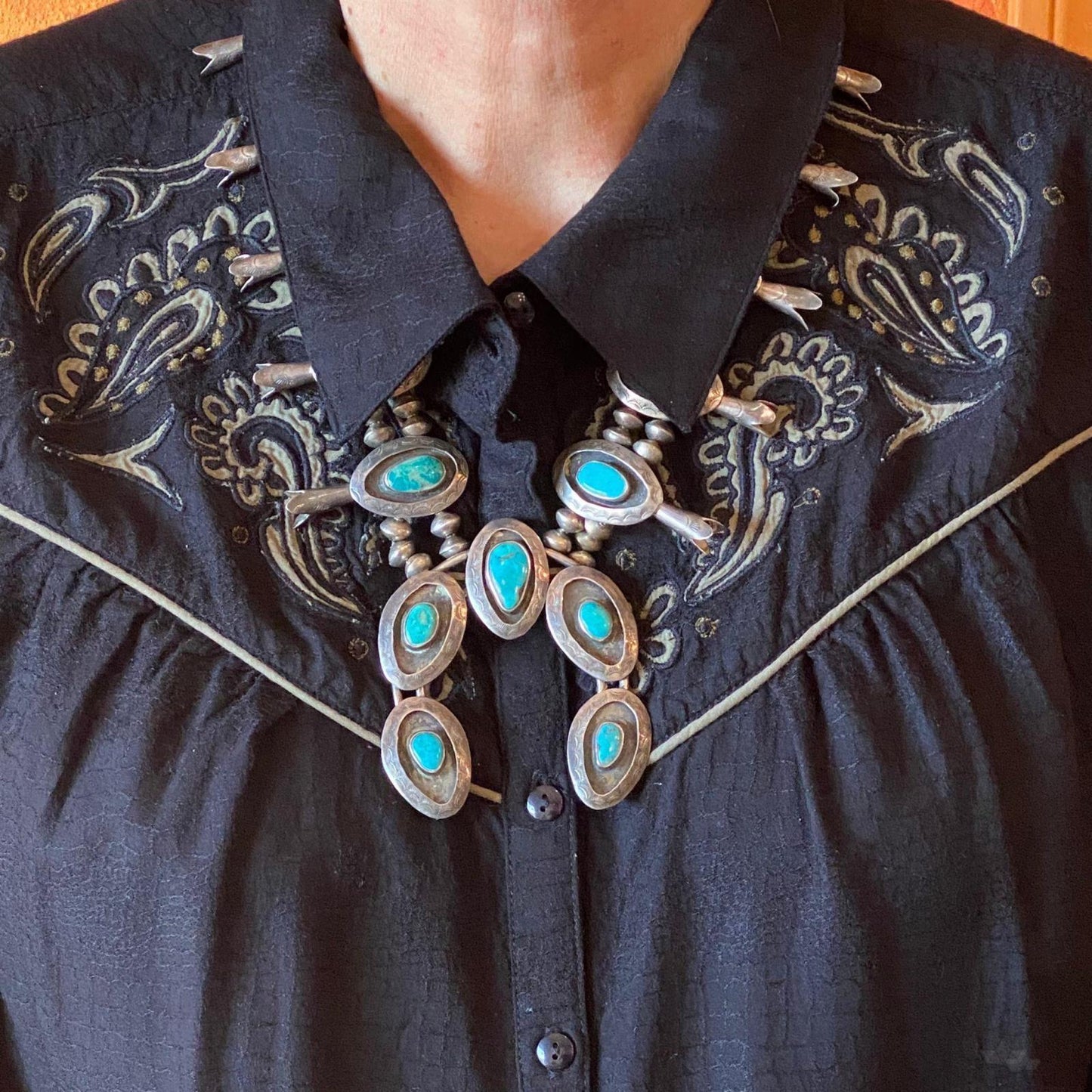 Antique Native American Silver Turquoise Shadow Box Squash Blossom Necklace 28"