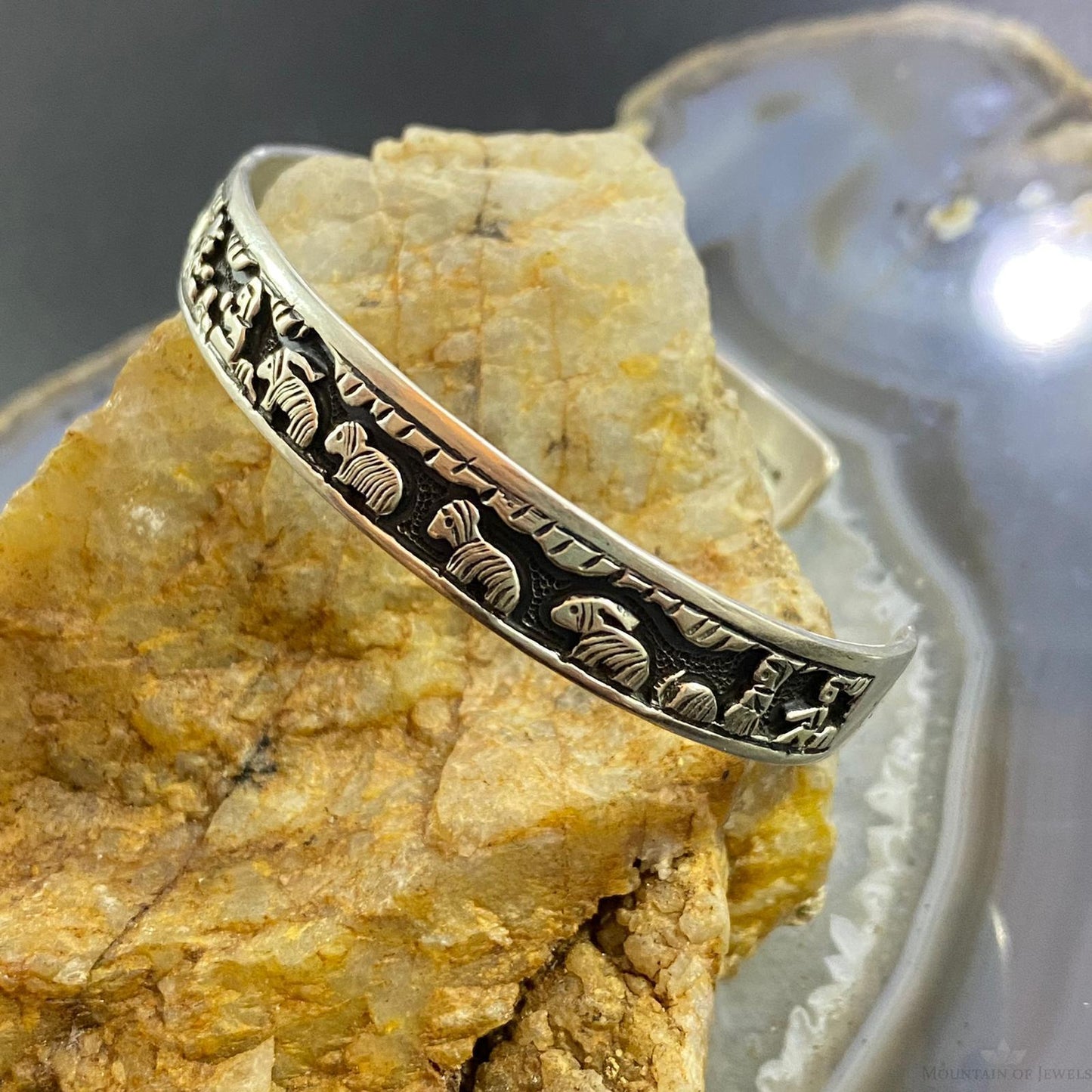 Vintage Signed Native American Sterling Silver Storyteller Bracelet For Women